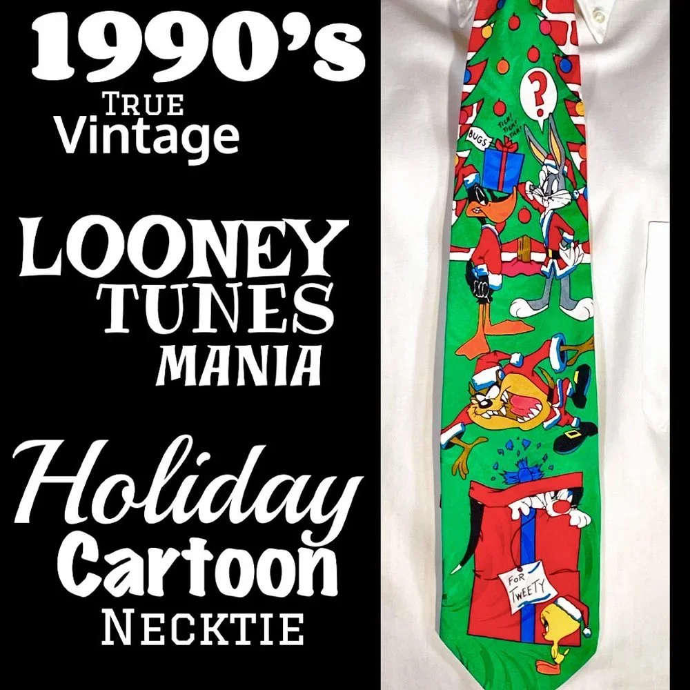 ▪️VTG▪️LOONEY TUNES MANIA▪️1990's Holiday Christmas Cartoon Necktie